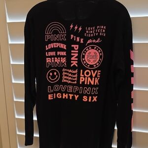 PINK Victoria's Secret Black Long Sleeve Tee with Pink and Orange Accents